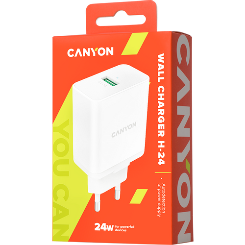 Canyon, Wall charger with 1*USB, QC3.0 24W, Input: 100V-240V, Output: DC 5V/3A,9V/2.67A,12V/2A, Eu plug, Over-load, over-heated, over-current and short circuit protection, CE, RoHS ,ERP. Size:89*46*26.5 mm,58g, White slika 4