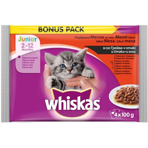 WHISKAS JUNIOR Multipack vrećica za mačiće Tradicionalni izbor  u umaku , potpuna hrana s piletinom, s govedinom, s janjetinom, s kunićevinom, 4x100  slika 1