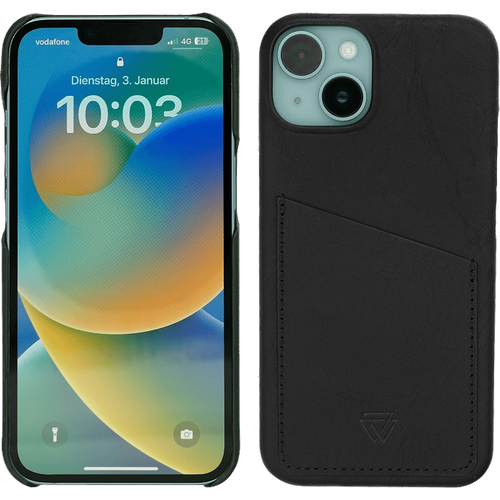 Wachikopa Navlaka za iPhone 14, držač za kartice, koža, crna - Full Leather Case iPhone 14 Black slika 1