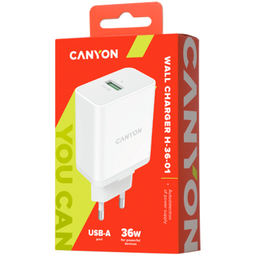 Canyon, QC3.0 36W WALL Charger with 1-USB A Input: 100V-240V, Output: USB-A:QC3.0 36W (5V3A/9V3.0A/12V3.0A), Eu plug , Over- Voltage , over-heated, over-current and short circuit protection Compliant with CE RoHs,ERP.Size:90*46*27.5mm, 71g, Whi slika 4