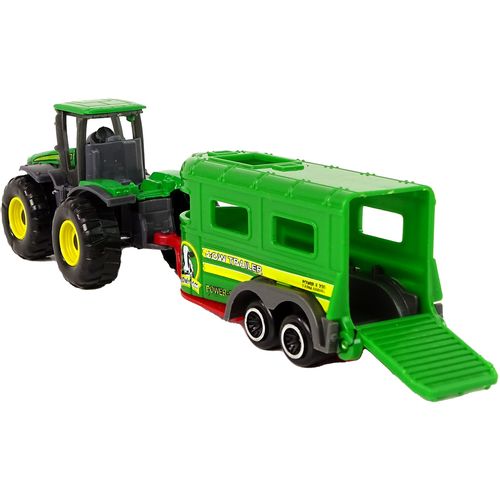 Zeleni traktor s prikolicom za prijevoz stoke slika 3