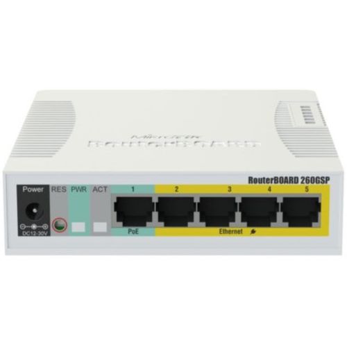 MikroTik RB260GSP, Switch, CSS106-1G-4P-1S, 5x RJ45 1000Mb/s, 1x SFP, 4x Passive PoE (55) slika 1