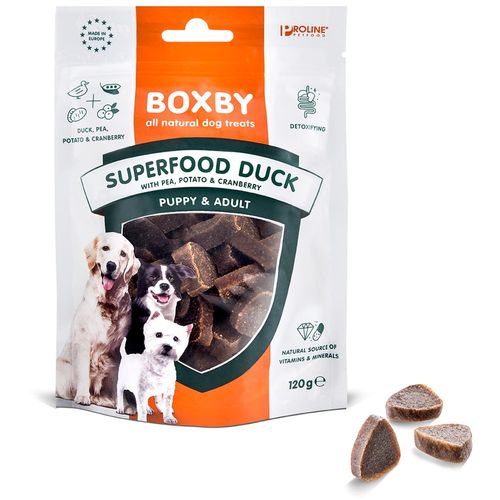 Boxby Poslastica za pse Puppy & Adult Super Food Patka, Grašak i Brusnica, 120 g slika 1