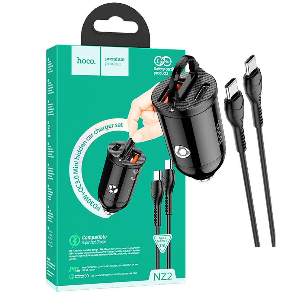 hoco. Auto punjač sa type C kabelom, PD + QC3.0, 2 x USB, 4.8 A - NZ2 Link, type C, Black slika 1