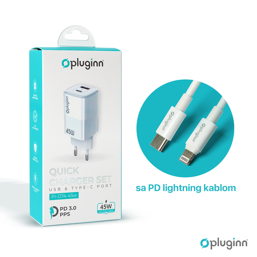 Kucni punjac Pluginn PI-D74-45w, GaN, QC3.0, PD3.0, PPS, USB 19W, PD 45W sa PD iPhone lightning kablom beli CE slika 3