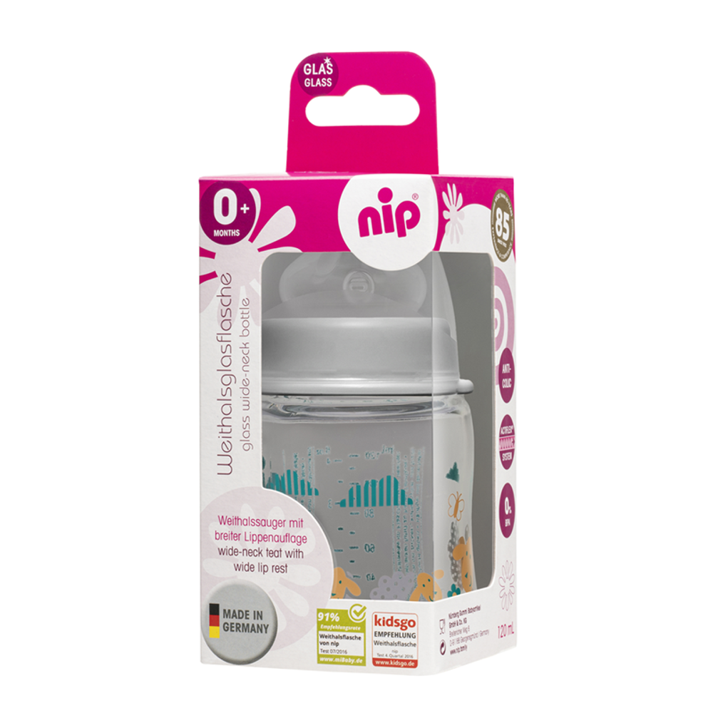 nip® Staklena flašica širokog grla sa silikonskom dudom 120ml 0m+, Boy slika 3