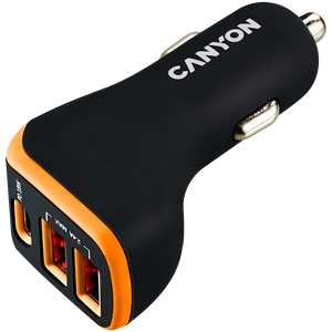 CANYON Universal 3xUSB car adapter, Input 12V-24V, Output DC USB-A 5V/2.4A(Max) + Type-C PD 18W, with Smart IC, Black+Orange with rubber coating, 71*39*26.2mm, 0.028kg