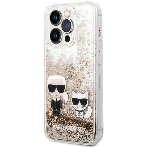 Maska Karl Lagerfeld Hc Liquid Glitter Karl&amp;Choupette za iPhone 14 Pro 6.1 zlatna (KLHCP14LGKCD) slika 1