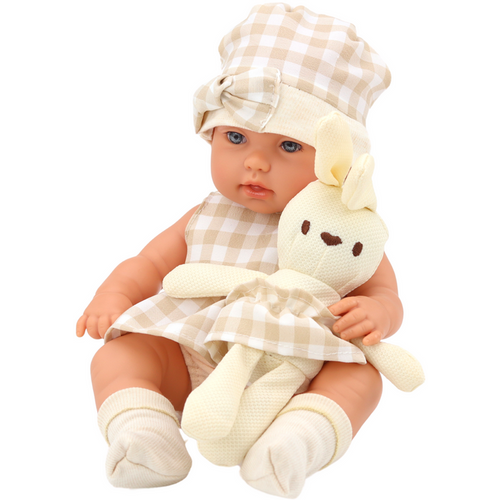 Lutka beba u nosiljci - Zeko u kariranoj kombinaciji - Bež boja slika 2