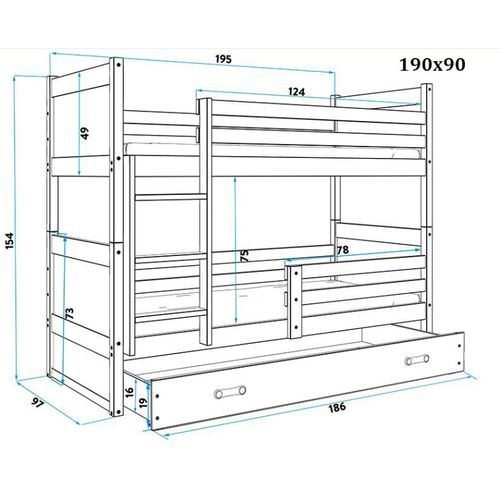 Drveni dječji krevet na kat Rico s ladicom - sivi - bijeli - 190*90cm slika 3