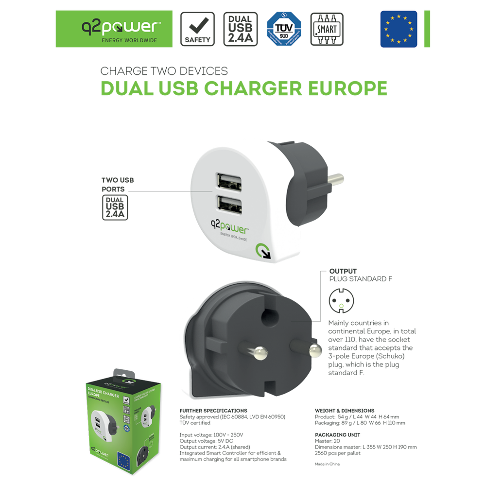 q2power Punjač kućni za smartphone, tablete, 2 x USB, 2.4A - DUAL USB CHARGER EUROPE slika 4
