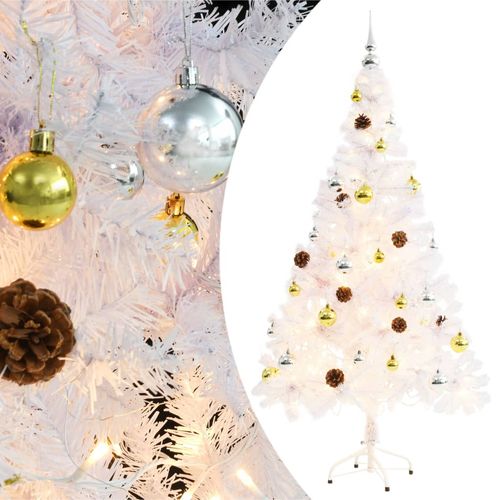 Umjetno božićno drvce s kuglicama i LED svjetlima bijelo 150 cm slika 1