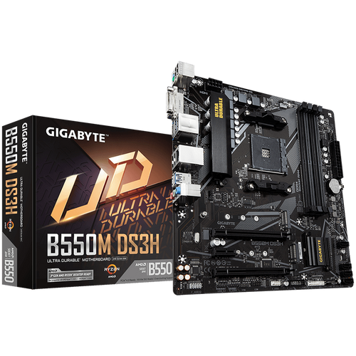 GIGABYTE MB B550M-DS3H AM4 4 x DDR4 PCIe 3.0 2 x M.2 4 x SATA 1 x DVI-D port 1 x DisplayPort 1 x HDMI port Micro ATX slika 1