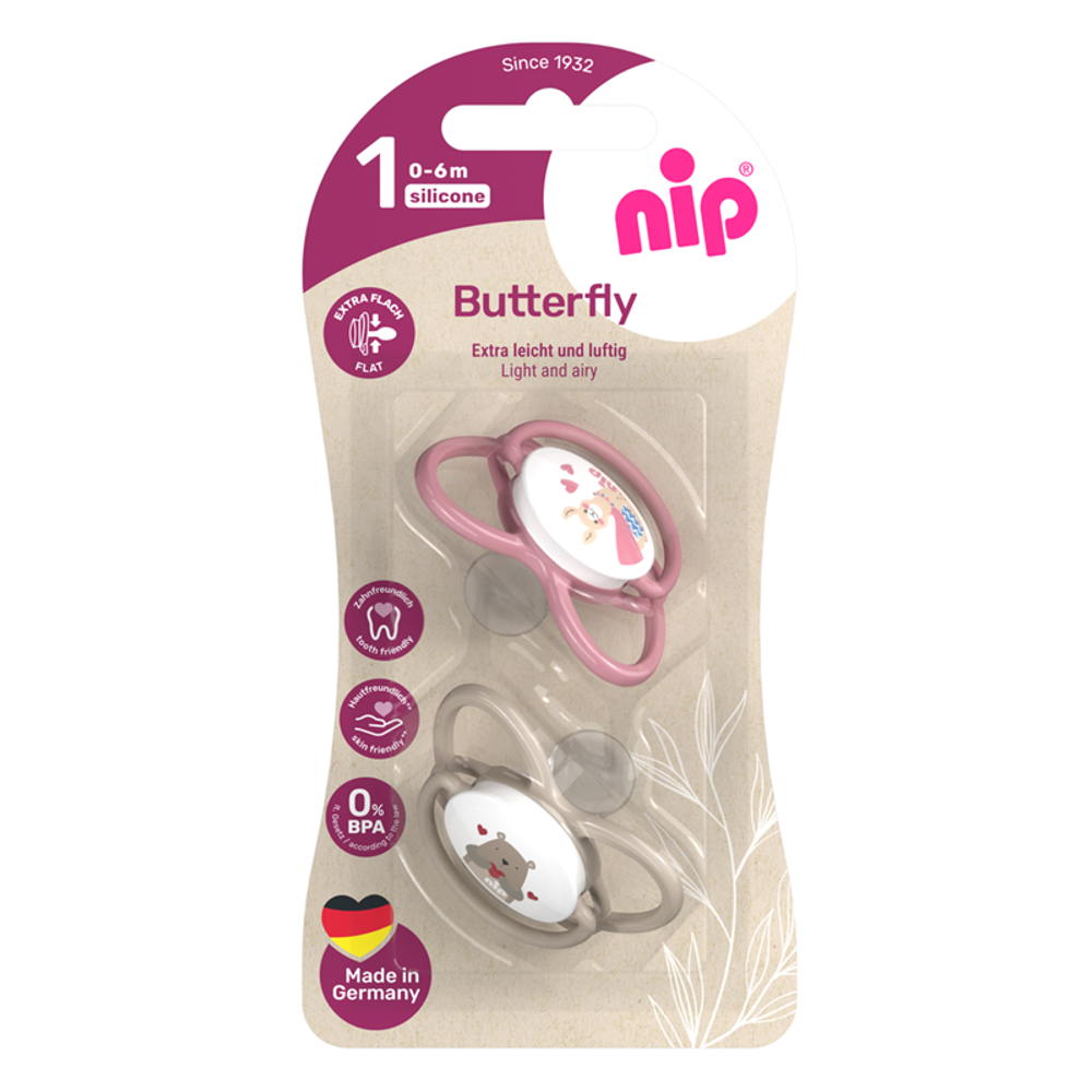 nip® Duda varalica Butterfly 0-6mj (veličina 1) - Silikon, 2kom Roza/Bež slika 4