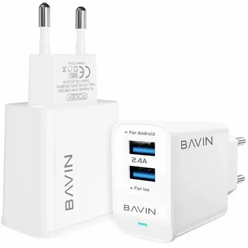 BAVIN punjač 2xUSB-A 2,4A +kabl type-A na type-C 1m bela slika 2