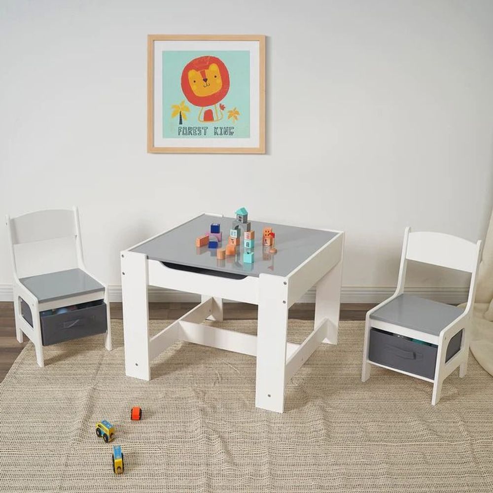 Kinder Home Drveni dječiji sto sa dvostranom pločom i dvije stolice, Bijeli/Sivi slika 11