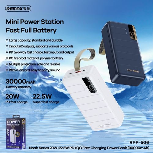 REMAX POWER BANK 30000MAH RPP-506 NOAH - USB + TYPE C - PD 20W QC 22,5W PLAVI slika 3