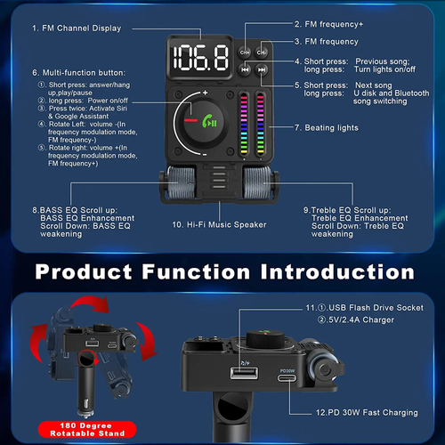 FM Transmiter MT01, Treble and Bass control, PD 30W, USB 12W, BT 5.3, RGB slika 11