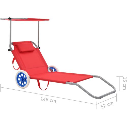 Sklopiva ležaljka za sunčanje s krovom i kotačima crvena čelik slika 19