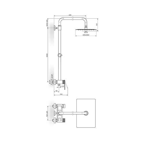 Rosan  S.2 Baterija za tuš kadu sa usponskim tušem 200x300mm slika 2