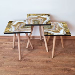 Set Nesting Stolova (3 Komada) - Bež, Zlatna, Bijela, Crna