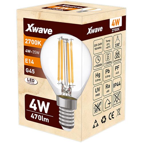 Xwave E14 4W SL-F-G4-2700K-C Filament Sijalica 2700K,G45,470Lm,Toplo Bela slika 2