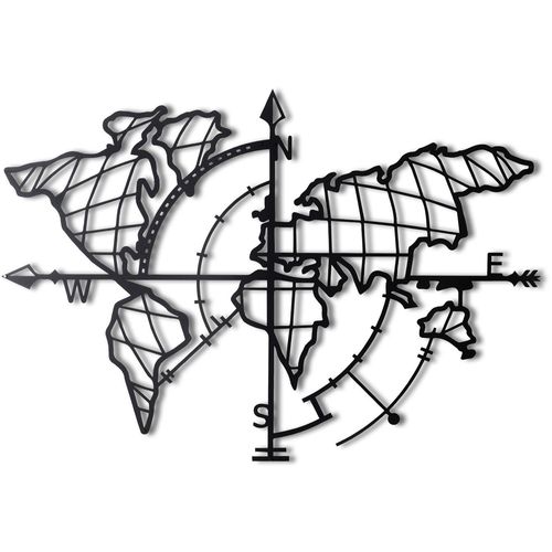 World Map Compass - Black Black Decorative Metal Wall Accessory slika 2