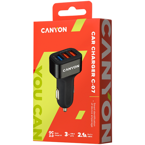 CANYON C-07 Universal 3xUSB car adapter(1 USB with Quick Charger QC3.0), Input 12-24V, Output USB/5V-2.1A+QC3.0/5V-2.4A&amp;9V-2A&amp;12V-1.5A, with Smart IC, black rubber coating+black metal ring+QC3.0 port with blue/other ports in orange, 66*35.2*25.1mm, 0.025 slika 6