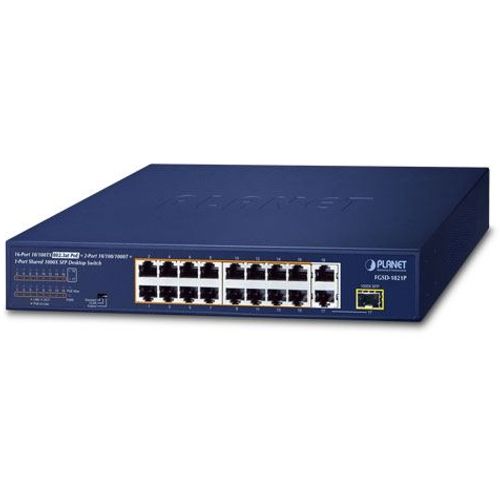 Planet 16-Port 10 100TX 802.3at PoE 2-Port 10 100 1000T 1-Port Shared 1000X SFP Desktop Switch (185 Watts) slika 1