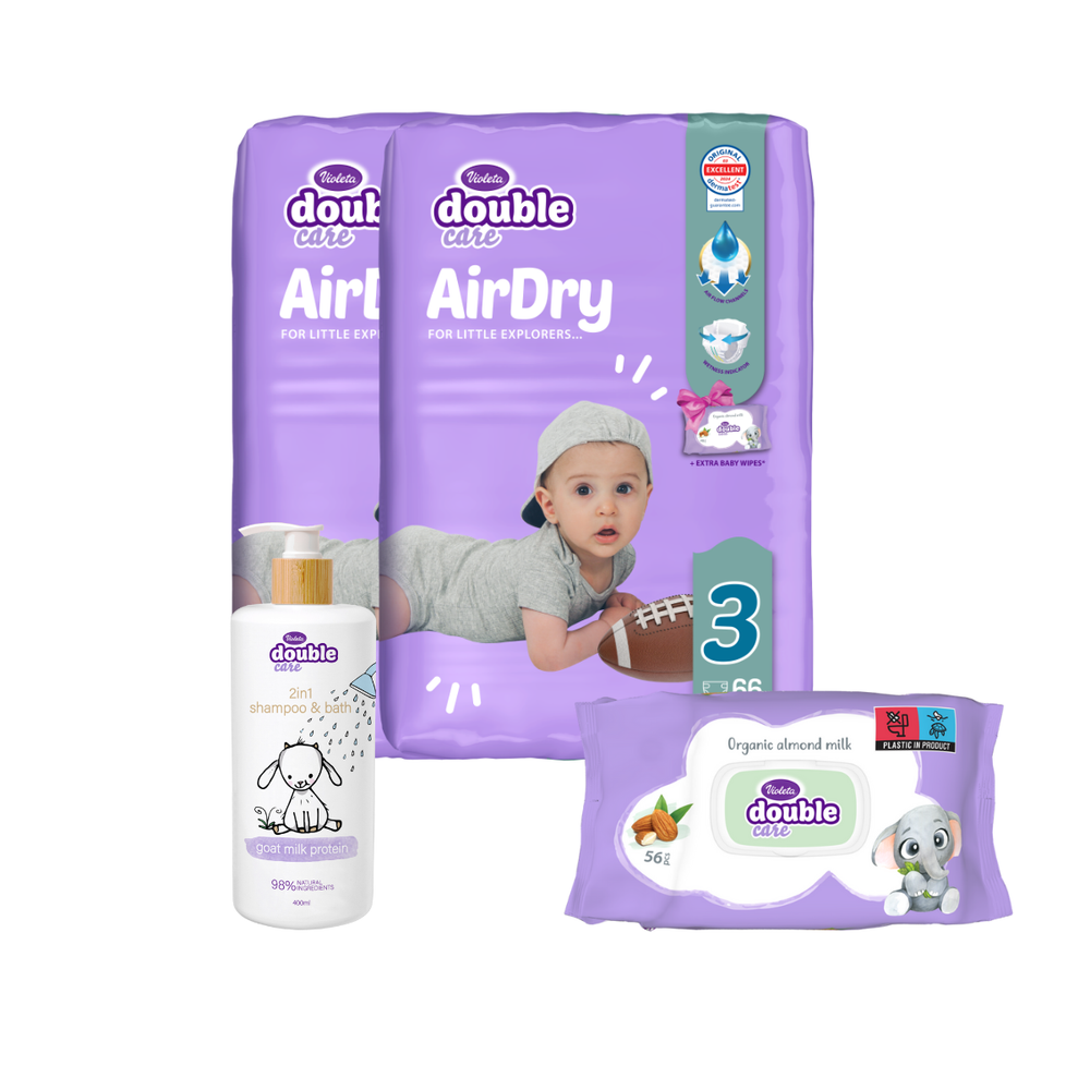 Violeta Double Care mjesečni Baby set – pelene, maramice i 2u1 šampon i kupka slika 3