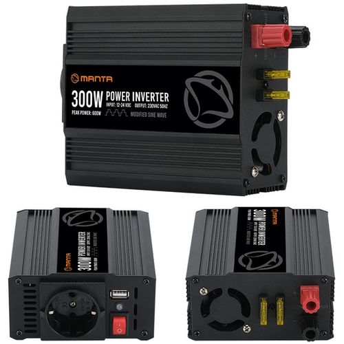 MANTA pretvarač 12V-24V DC na 230W AC, sinusni 600W, crni 2MPI300M slika 7