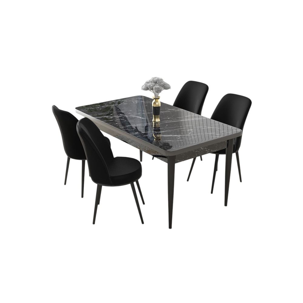 Nil - Crni Mramorni Sto i Stolice Set (5 Komada) slika 2