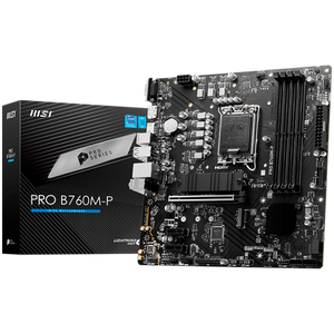 MSI PRO B760M-P, mATX, LGA 1700, Dual Channel DDR5 6800, 1x PCIe x16 slots, 2x M.2 slots, 1x HDMI, 1x DP, 1x VGA, 1x USB 3.2 Gen 2 Type-C, 1x USB 3.2 Gen 1, 4x USB 2.0, 7.1 HD Audio, 1Gbps LAN, 3Y