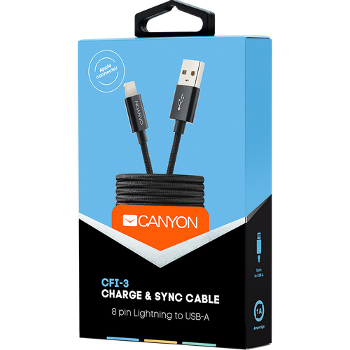 Canyon CFI-3 Lightning USB Cable for Apple, braided, metallic shell, cable length 1m, Black, 14.9*6.8*1000mm, 0.02kg slika 1