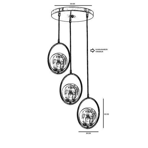 Opviq Ring 3 Lü Tepsili Füme Camlı Siyah Sarkıt Black Chandelier slika 4