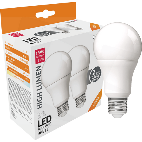 Avide Sijalica, LED 12W, E27, 4000K, 230V AC, pak. 2 kom. - Globe Twin Pack A60 12W E27 slika 1