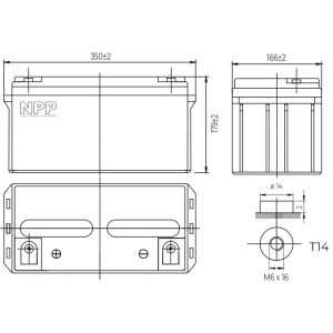 NPP NPG12V-65Ah, GEL BATTERY, C20=65AH, T14, 350*168*179*179, 18,3KG, Light grey