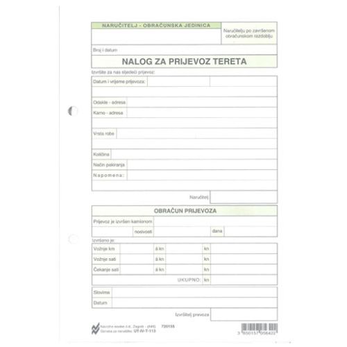 IV-T-113 NCR NALOG ZA PRIJEVOZ TERETA; Blok 3 x 25 listova, 14,8 x 21 cm slika 1