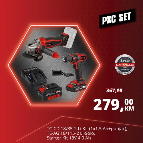 Einhell PXC Aku bušilica TC-CD 18/35-2 Li Kit + ugaona brusilica TE-AG 18/115-2 Li - Solo + Starter Kit 18V 4,0 Ah slika 1