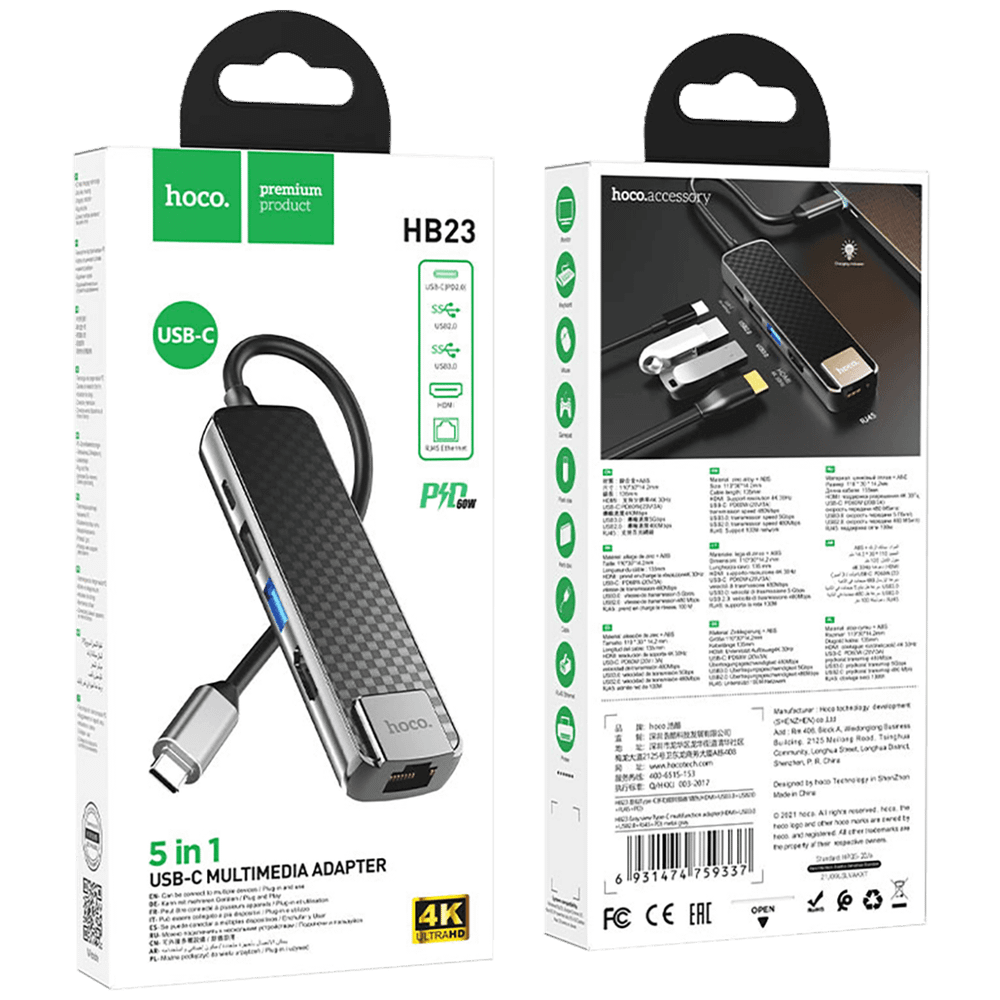 hoco. Konverter USB HUB type C to USB3.0/USB2.0/HDMI/RJ45/PD - HB23 Easy view slika 2