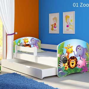 ACMA Drveni dječji krevet s bočnom stranicom i ladicom – Bijeli 160x80