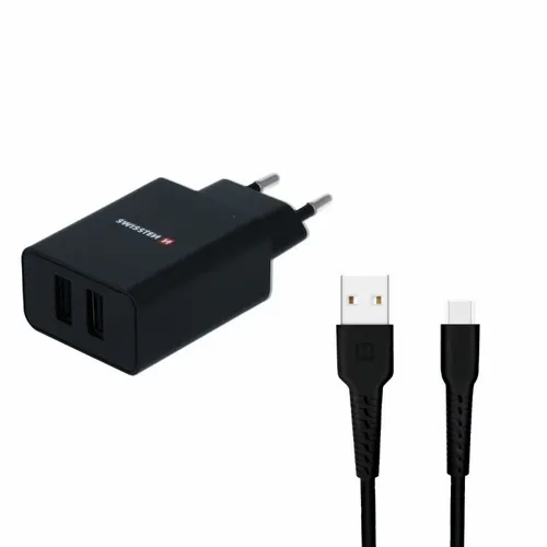 Swissten punjač 2x USB 2,1A+ kabl Type C 1,2m crna slika 2