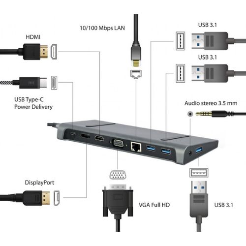 A-CM-COMBO9-02 Gembird USB type-C 9-u-1 adapter Hub3.0 + HDMI + DisplayPort + VGA + PD + LAN A slika 2