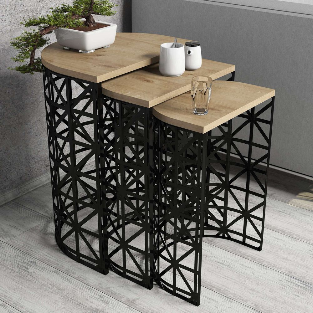 Nesting Table Stil Metal Ferforje - Set od 3 komada u boji hrasta slika 1