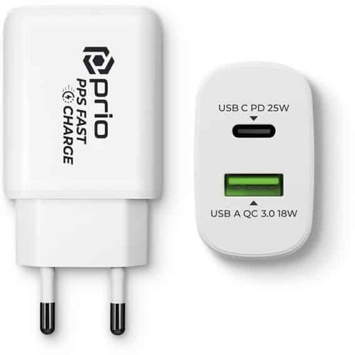 Prio Fast Charge zidni punjač 25W PD PPS (USB C)+QC 3.0 (USB A) bijeli slika 1