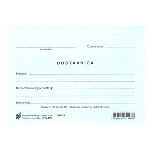 X-113 DOSTAVNICA U VLASTITE RUKE - PLAVA; List, 14,8 x 10,5 cm slika 1