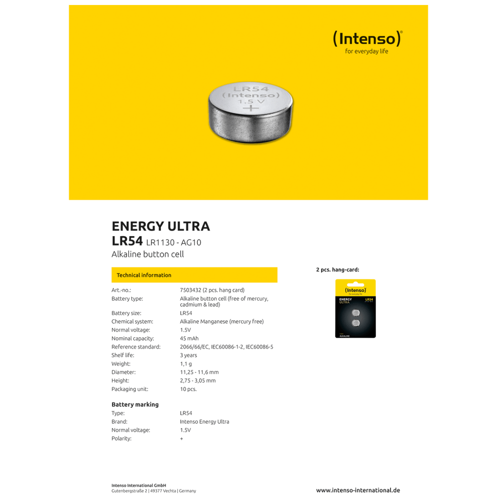 (Intenso) Baterija alkalna LR54/2, 1,5V dugmasta, blister 2 kom slika 3