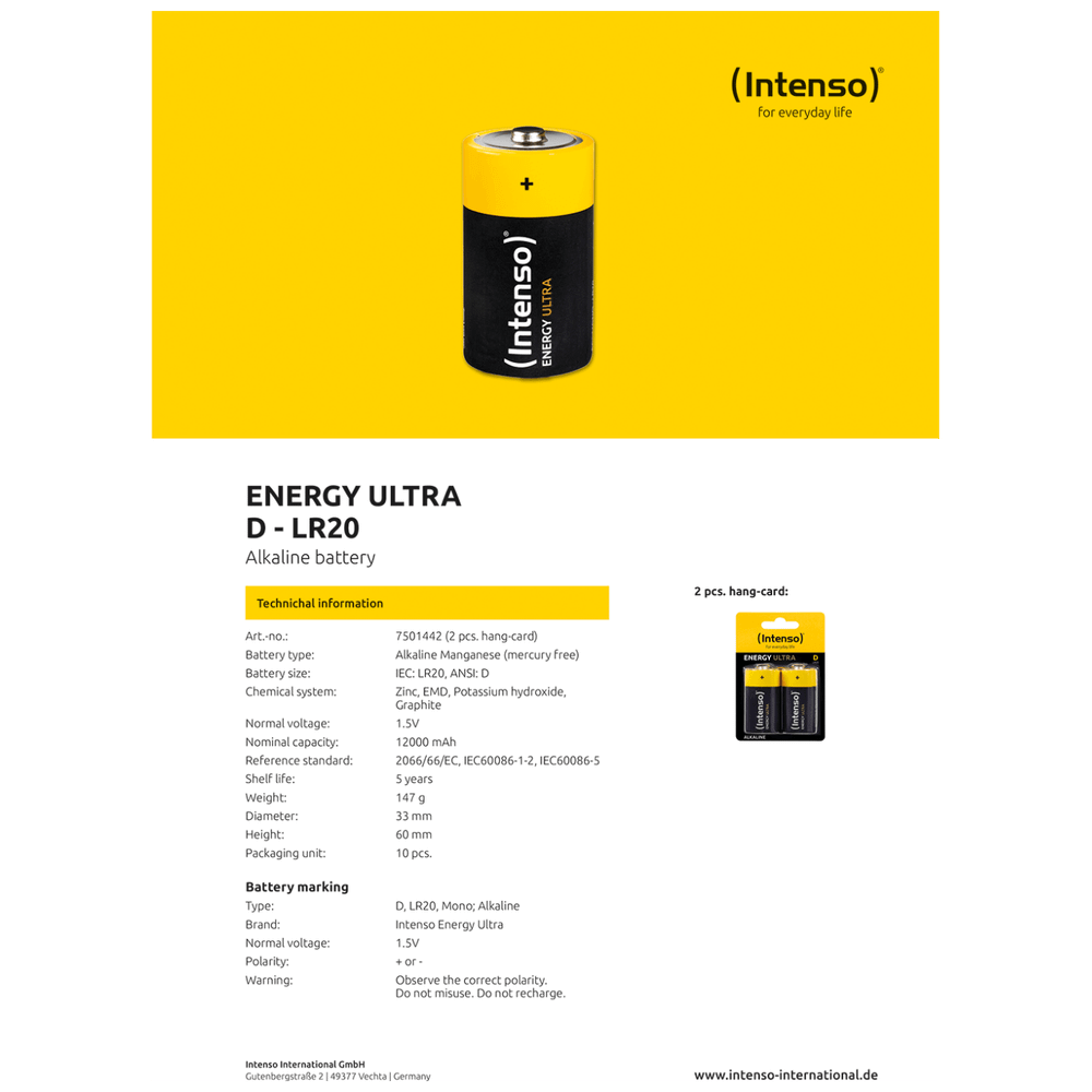 (Intenso) Baterija alkalna, LR20 / D, 1,5 V, blister 2 kom slika 4