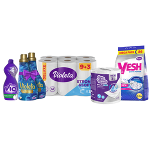 Violeta Mega Family Paket 5u1– Prašak 6,5 kg, Mystic omekšivač, deterdžent za suđe, toalet papir i ručnici