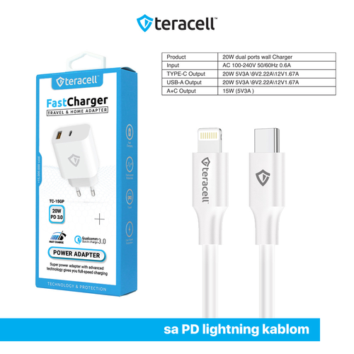 Kucni punjac Teracell Evolution TC-15GP, QC 3.0, PD 3.0, 20W sa PD iPhone lightning kablom beli CE slika 4